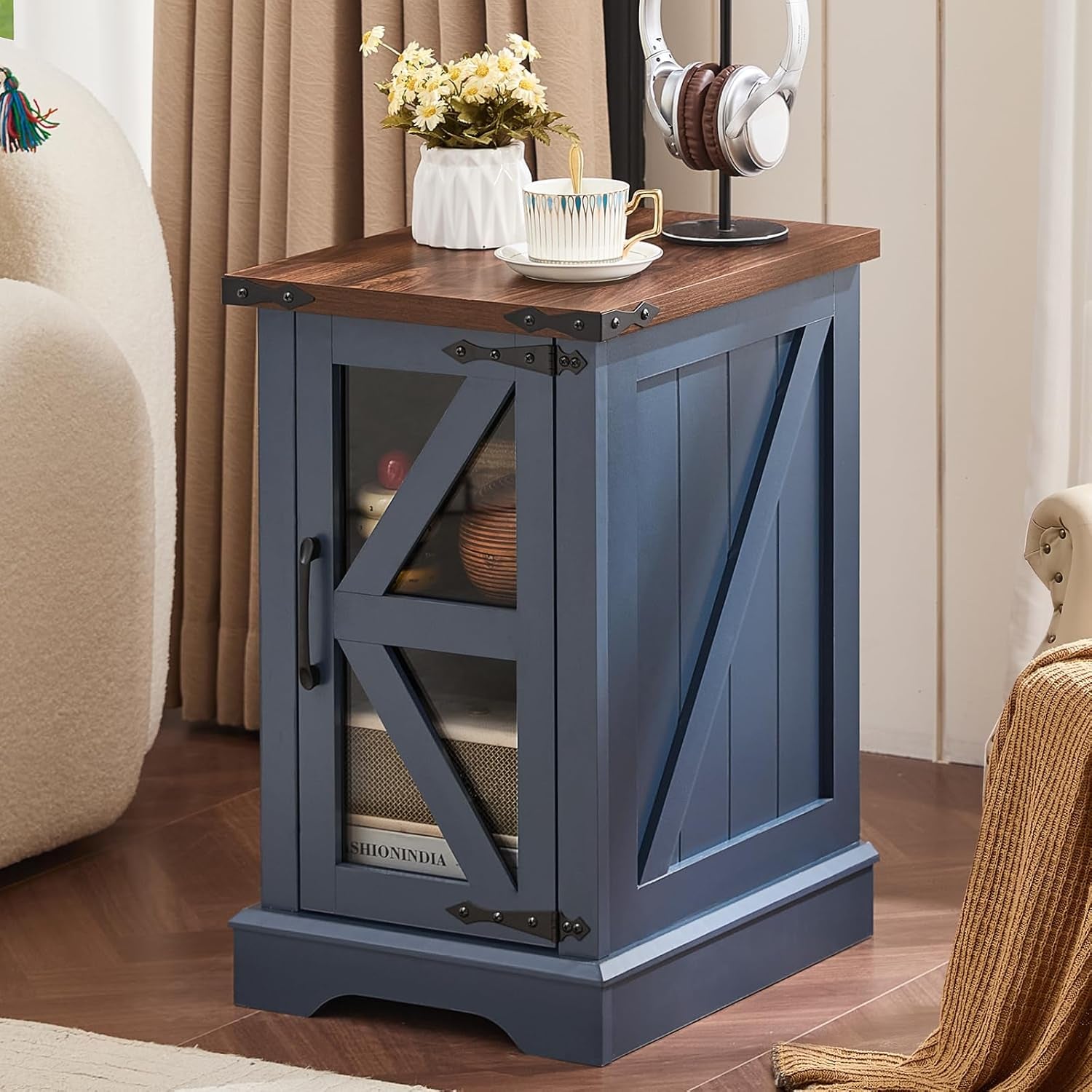 Narrow Night Stand for Small Spaces, Farmhouse Side End Table with Glass Barn Door Storage, Navy Blue Bedside Tables, Nightstand Cabinet Organizer for Living Room Bedroom