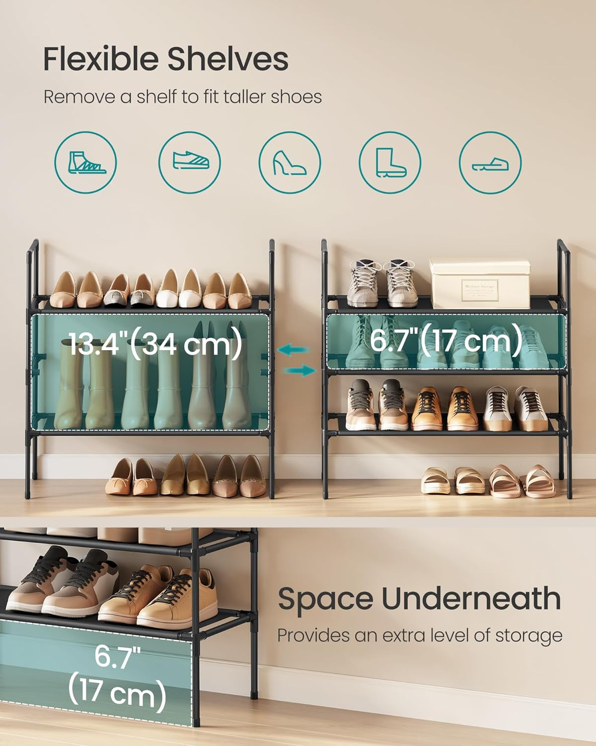 3-Tier Shoe Rack, Shoe Storage for Hallway Closet, Slim and Space-Saving, Metal Frame, Non-Woven Fabric Shelves, Black ULSH043BH01