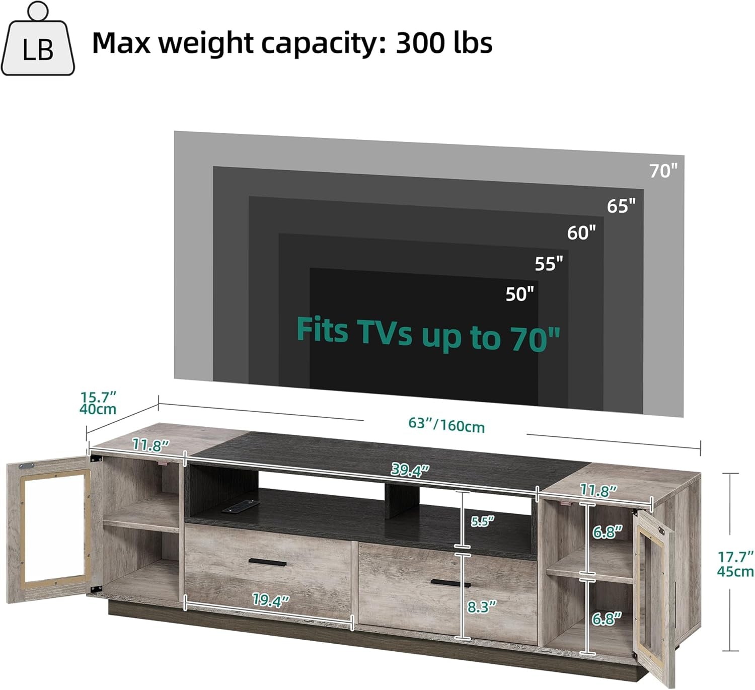 TV Stands for Living Room, Farmhouse TV Stand for 65/70 Inch TV, LED TV Entertainment Center with Storage & Power Outlets, TV Console Cabinet, Rustic Grey