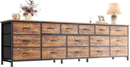 77.6" Long Dresser for Bedroom, 16 Drawer Fabric Dresser for Closet, Wide Chest of Drawers with Storage, TV Stand for 65, 75, 85 Inch TV, 77.6" W X 12.9" D X 26.7" H, Rustic Brown