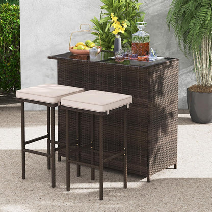 3 Piece Patio Bar Set, Outdoor Rattan Bar Table and 2 Stools with Tempered Glass Tabletop, 2-Tier Storage, Removable Cushions, outside Wicker Conversation Set