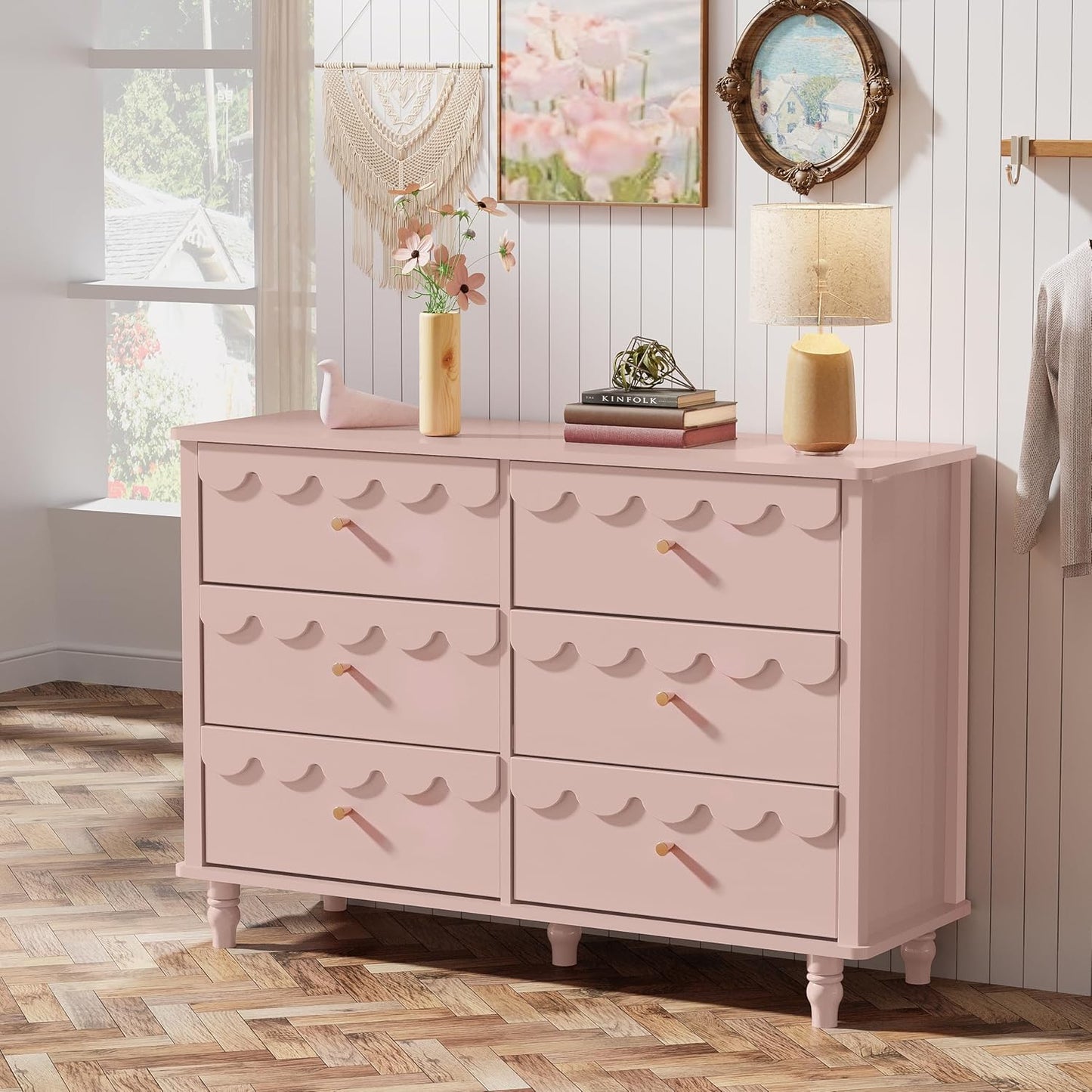 Bedroom Set 2 PCS 6 Drawer Dresser and Night Stand Sets for Bedroom, Two Drawers Nightstand & Scalloped 6 Drawer Dresser Combo 2 Pieces (Pink)