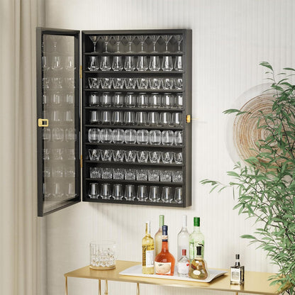 Shot Glass Display Case 72 Large Capacity Wooden Shot Glass Holder Wall Mounted Shadow Box Bar Cabinet with Acrylic Lockable Door and Removeable Shlves, 26.85"X17.5" X 3.35", Black