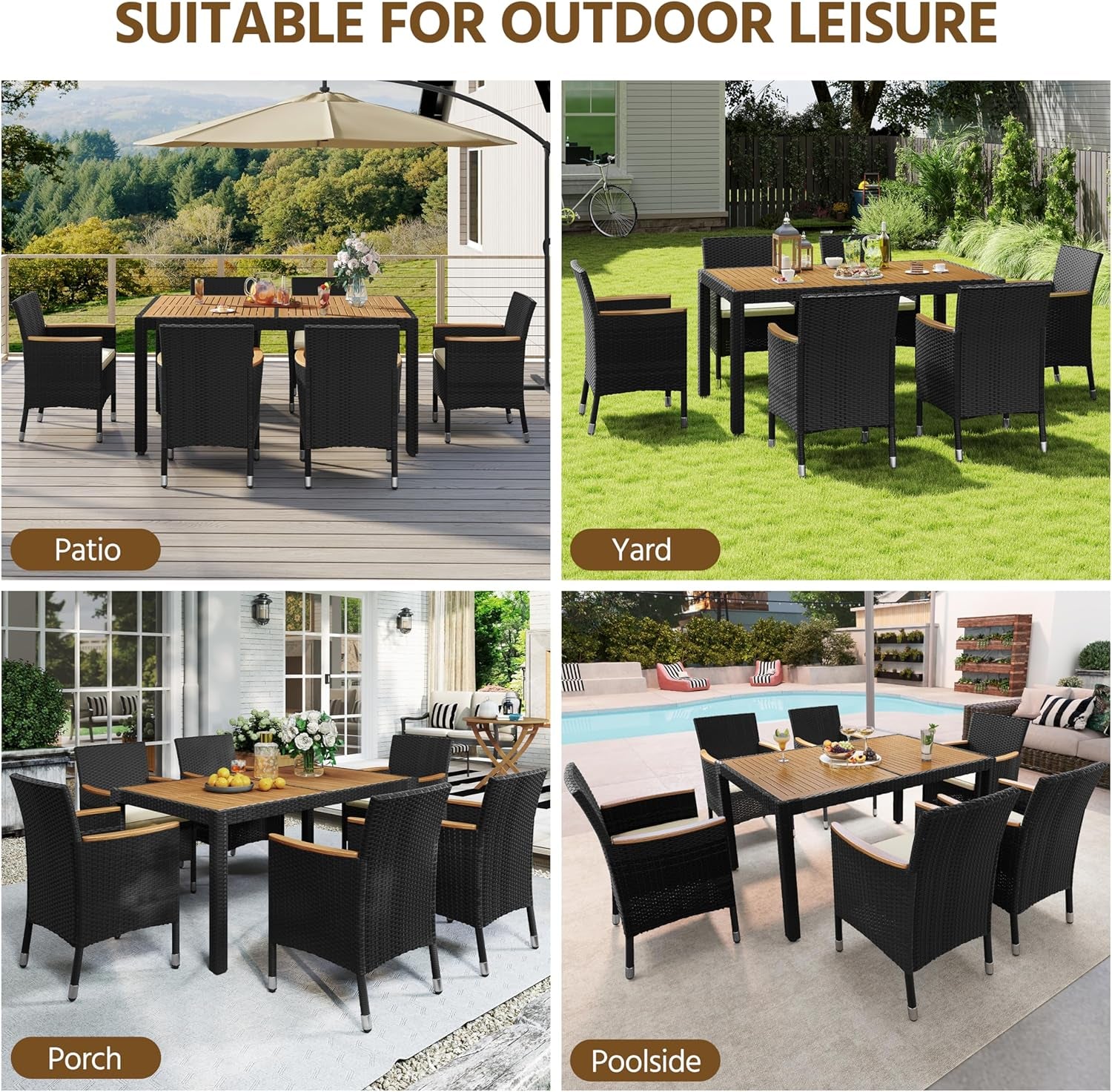 7 Piece Patio Furniture Set, Outdoor Dining Acacia Wood Table Top Rattan Conversation Set with Soft Cushions, 6 Chairs & 1 Table for Backyard, Deck, Garden & Yard, Black/Beige
