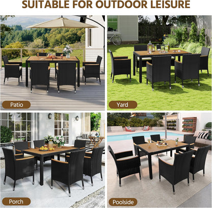 7 Piece Patio Furniture Set, Outdoor Dining Acacia Wood Table Top Rattan Conversation Set with Soft Cushions, 6 Chairs & 1 Table for Backyard, Deck, Garden & Yard, Black/Beige