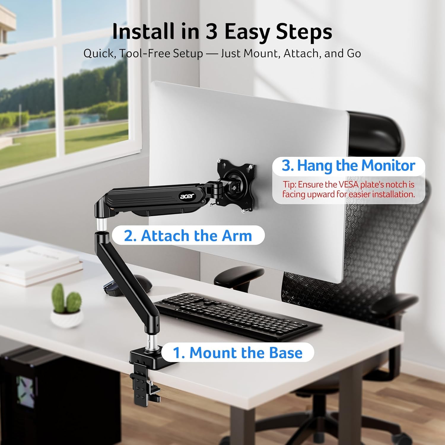 Single Monitor Mount, Fully Adjustable Monitor Arm Fits 17 to 34 Inch Screens, Gas Spring VESA Mount with C-Clamp & Grommet Base, Computer Desk Arm with Tilt Swivel Rotate Supports 4.4-19.8 Lbs