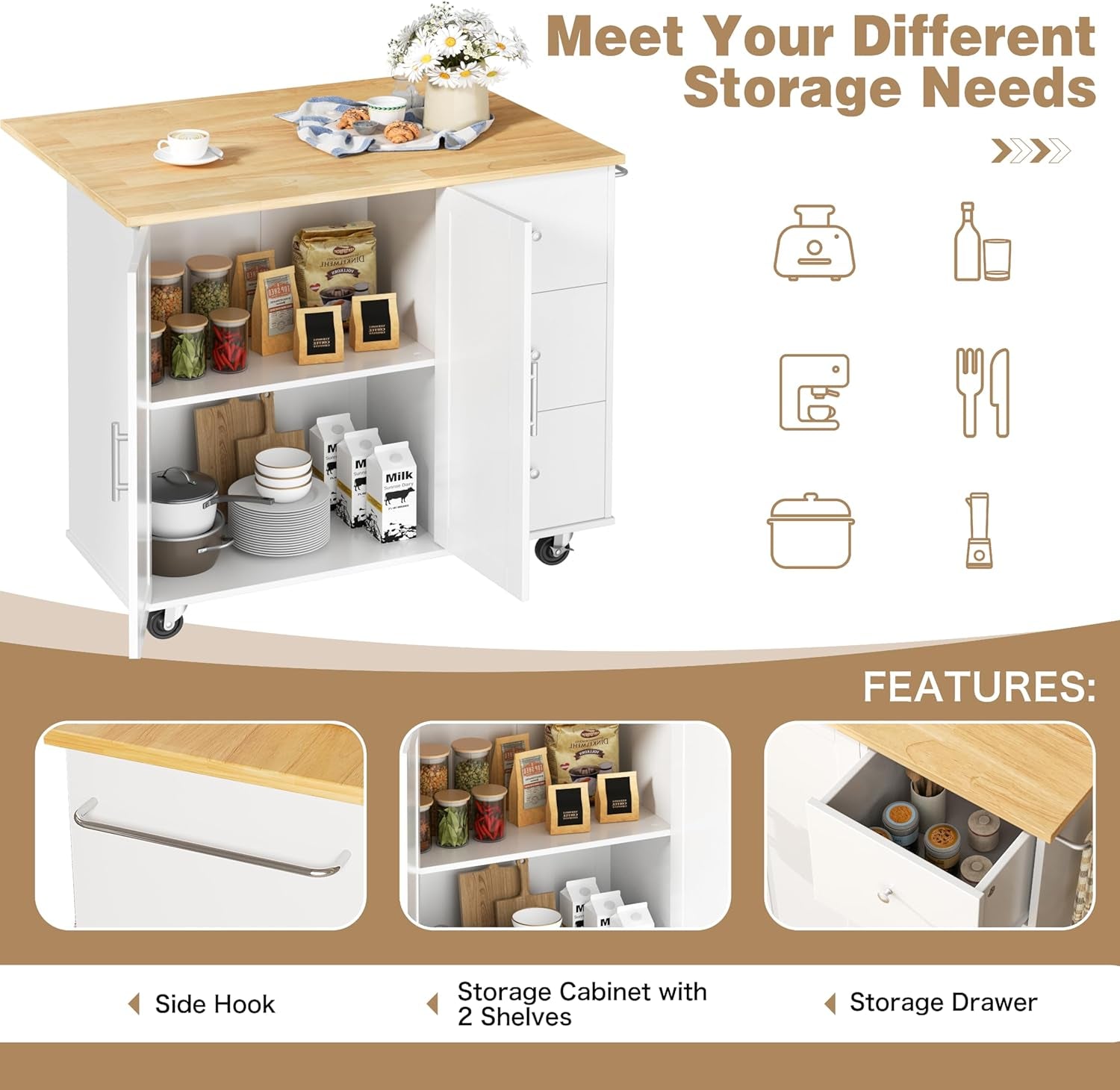 Rolling Kitchen Island Cart with Folding Drop Leaf Breakfast Bar, Portable Trolley Island with Large Storage Cabinet, Shelf and Drawer, Brown