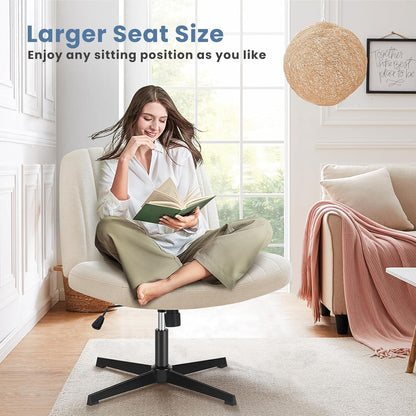 Desk Chair No Wheels, Criss Cross Chair Wide Cross Legged Office Desk Vanity Comfy Chair, Armless Adjustable Swivel Chairs for Home Computer Task Beige
