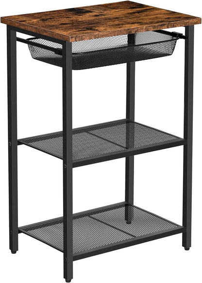 Small Side Table, Industrial Tall End Table with Adjustable Metal Mesh Basket, Telephone Table with Storage Shelf for Living Room, Bedroom, Hallway, Easy Assembly, Rustic Brown BF02DH01