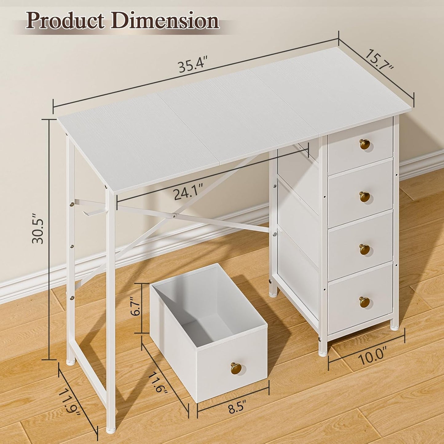 Vanity Desk No Mirror, Small Makeup Vanity with 4 Fabric Drawers, White Dressing Table for Small Spaces, 35.4 Inches Girls Makeup Table Bedroom
