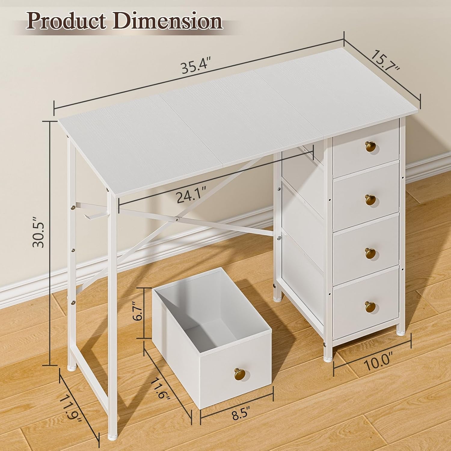 Vanity Desk No Mirror, Small Makeup Vanity with 4 Fabric Drawers, White Dressing Table for Small Spaces, 35.4 Inches Girls Makeup Table Bedroom