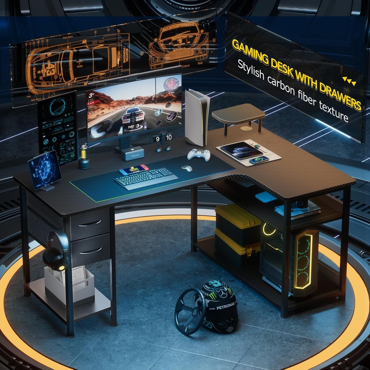 Gaming Desk with Drawers, Carbon Fiber Style L Shaped Computer Desk Compatible with Monitor Arm Corner Desk Gaming Table for Home Office Desks, Easy to Assemble Adjustable Shelf Height