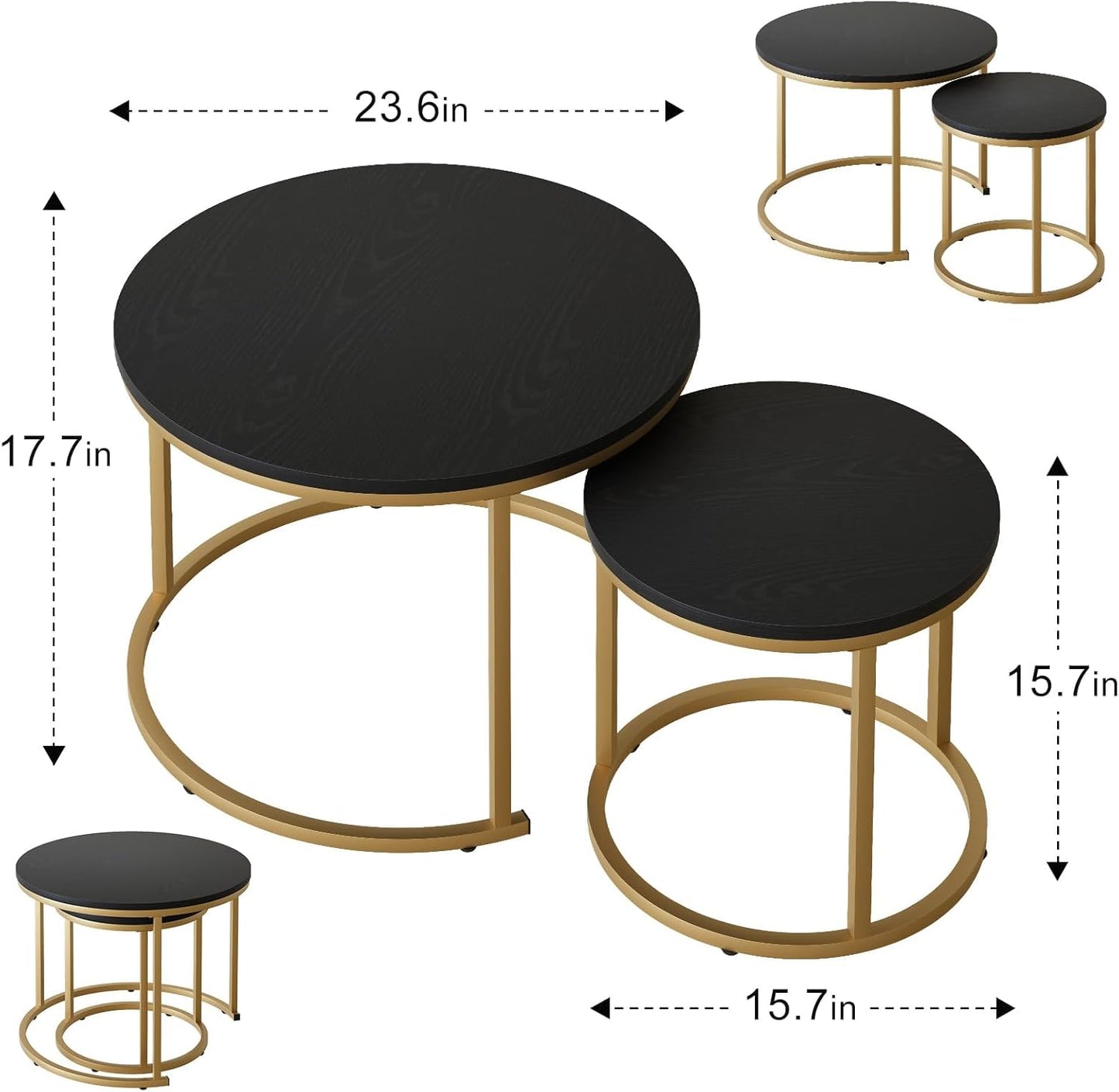 Nesting Coffee Table, 23.6" round Coffee Table Set of 2, Wooden Nesting Table Set with Metal Frame, Side Tables for Living Room Bedroom Balcony, Black