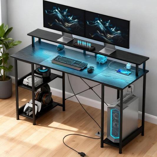 Modern PC Laptop Desk with Storage, Reversible Design Computer Gaming Table with Built-In Charging Station and Personalized Lighting, Assembly Required
