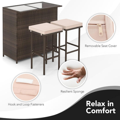 3 Piece Patio Bar Set, Outdoor Rattan Bar Table and 2 Stools with Tempered Glass Tabletop, 2-Tier Storage, Removable Cushions, outside Wicker Conversation Set