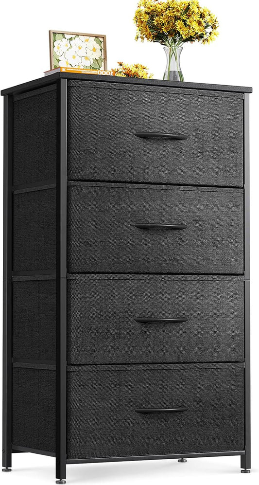 Dresser for Bedroom with 4 Storage Drawers, Small Dresser Chest of Fabric Drawers with Sturdy Steel Frame, Wood Top, Black