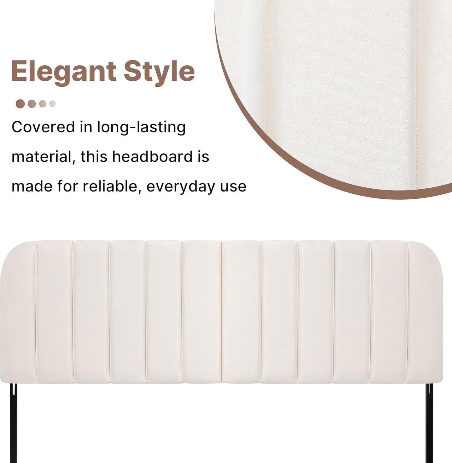 Upholstered Headboard - Striped Interval - Adjustable Height - Metal Legs - Bed Frame (Beige, Queen (U.S. Standard))