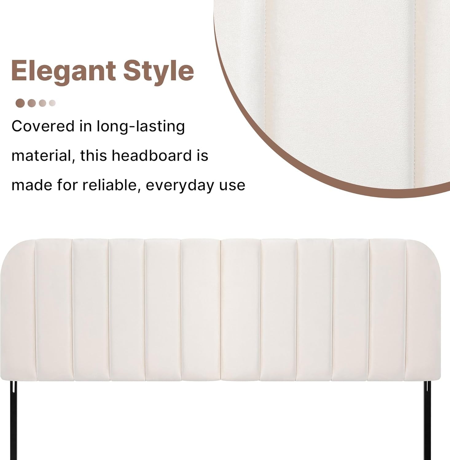 Upholstered Headboard - Striped Interval - Adjustable Height - Metal Legs - Bed Frame (Beige, Queen (U.S. Standard))