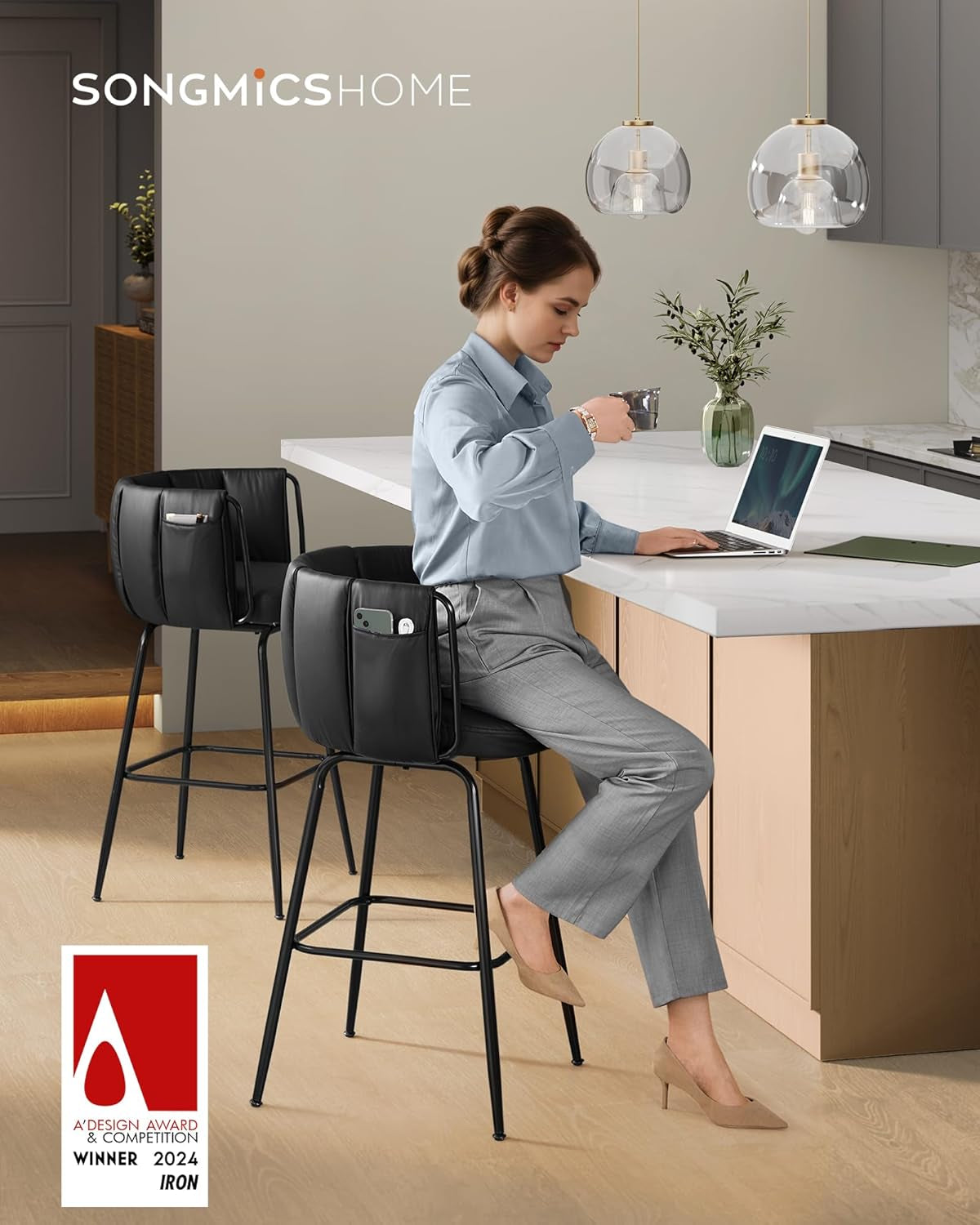 360° Swivel Bar Stools Set of 2, Barstools with Curved Back, Upholstered Counter Bar Stools with Footrest, Metal Tapered Legs, for Kitchen Island, Dining Room, Ink Black ULBC123B02