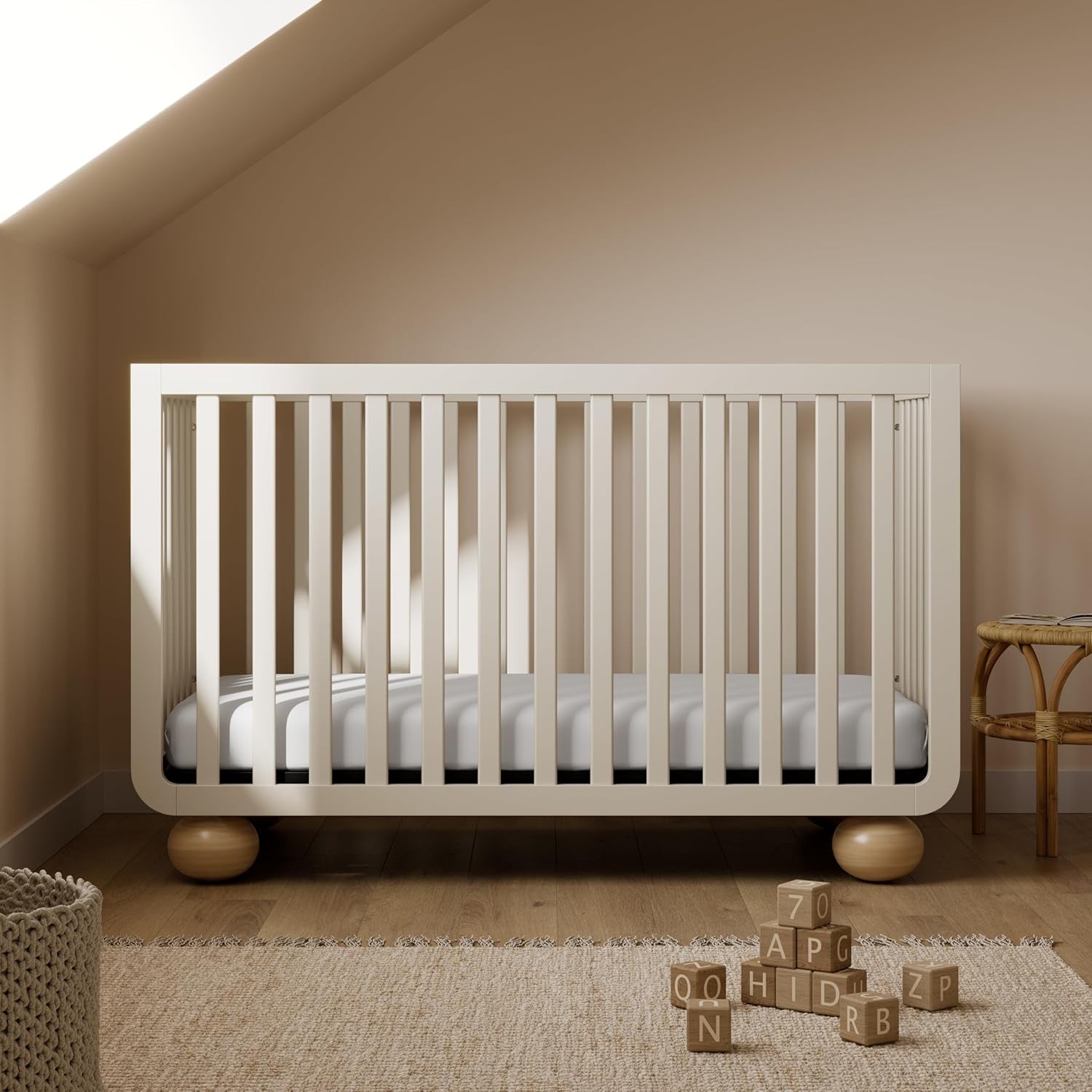 Amalfi Convertible Crib with Toddler Guardrail (Frosted Oat & Driftwood) – GREENGUARD Gold Certified, Toddler Bed Conversion Kit Included, Fits Standard Crib Mattress, Converts to Full Bed