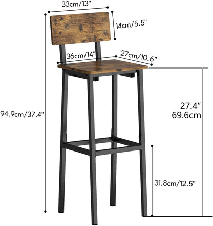 Set of 2 Bar Stools, Tall Bar Stool with Backrest and Footrest, Tall Bar Chairs, Industrial Style Counter Height Bar Stool for Dining Room, Kitchen, Rustic Brown