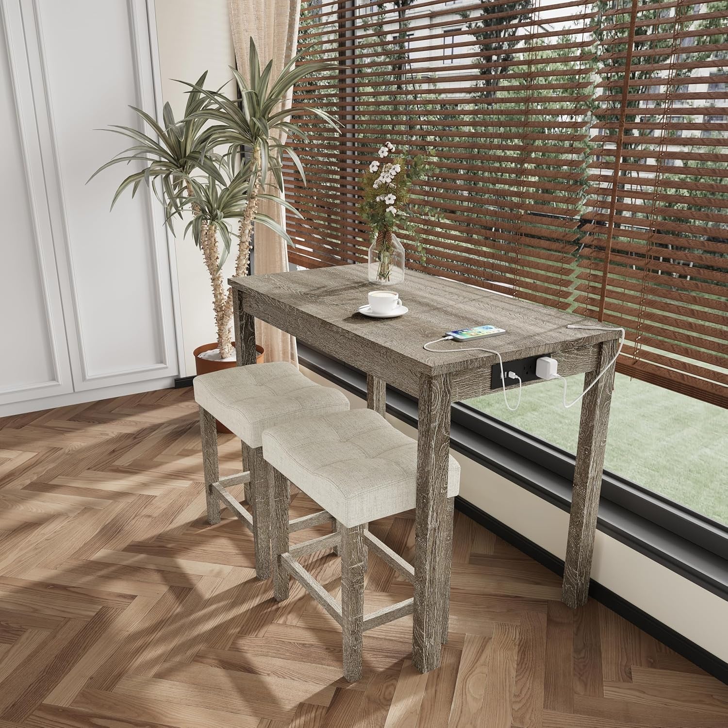 3-Piece Counter Height Bar Table Set with Socket and 2 Fabric Padded Bar Stools, Tall Kitchen Breakfast Dining Table Set with Stools (1+2 Natural)