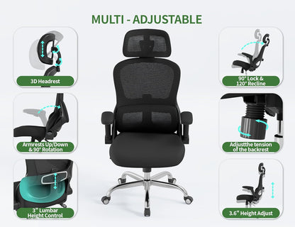White Ergonomic Office Chair: Mesh Desk Chair Comfy with Adjustable Lumbar Support 400Lbs High Back Computer Gaming Chair - Big and Tall Office Chairs with Extra Wide Seat-Adults Home Office