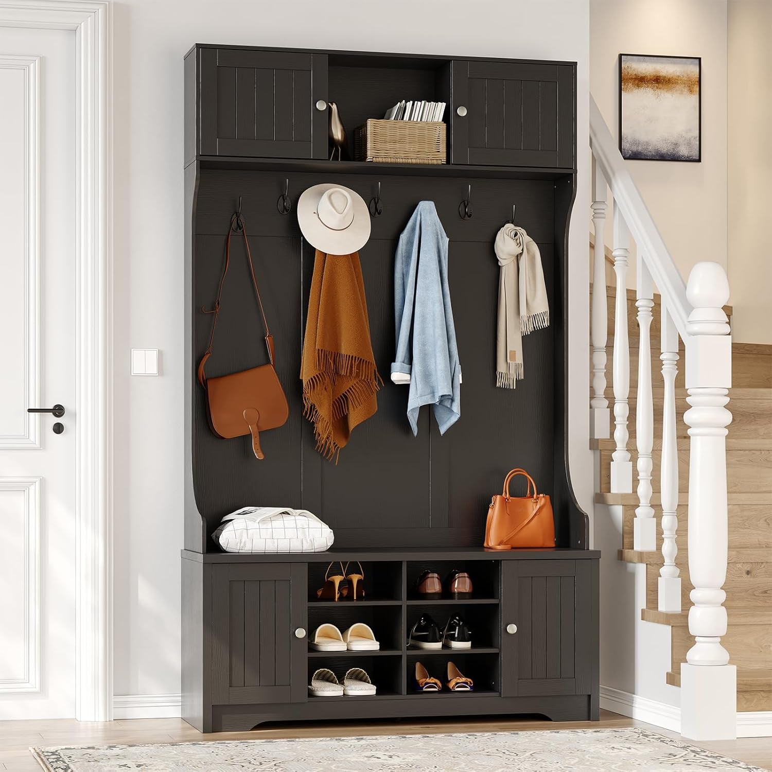 78.7" Hall Tree with Bench and Shoe Storage, Entryway Bench with Coat Rack, 10 Shoe Cubbies with Adjustable Shelves & 7 Coat Hooks for Hallway, Entryway, Black