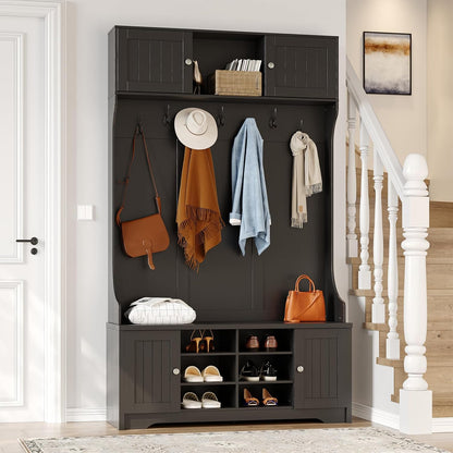 78.7" Hall Tree with Bench and Shoe Storage, Entryway Bench with Coat Rack, 10 Shoe Cubbies with Adjustable Shelves & 7 Coat Hooks for Hallway, Entryway, Black