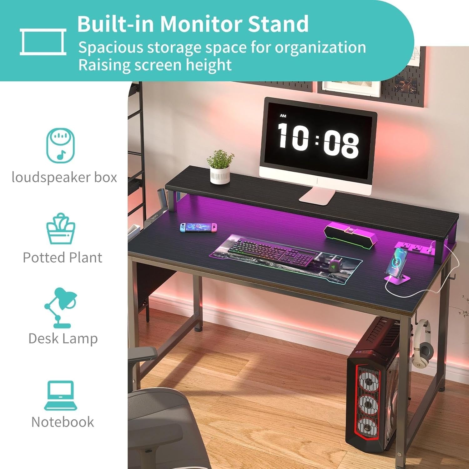 Small Desk with Power Outlets and LED Lights, 32 Inch Teen Writing Study Table Home Office Computer Desks with Monitor Stand, Gaming Desk with Charging Station, Black