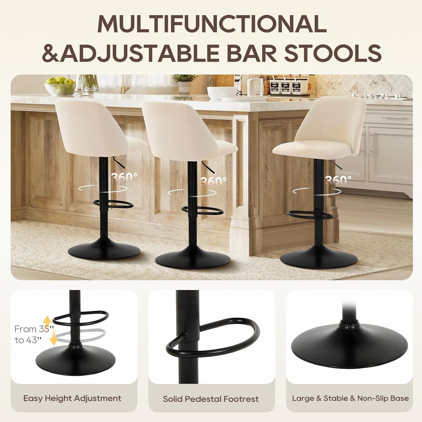 Bar Stools Set of 3, Modern Swivel Bar Chairs, Adjustable Upholstered Barstools Counter Height with Full Backrest for Bar, Dining Room, Kitchen Island, Beige
