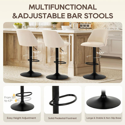 Bar Stools Set of 3, Modern Swivel Bar Chairs, Adjustable Upholstered Barstools Counter Height with Full Backrest for Bar, Dining Room, Kitchen Island, Beige