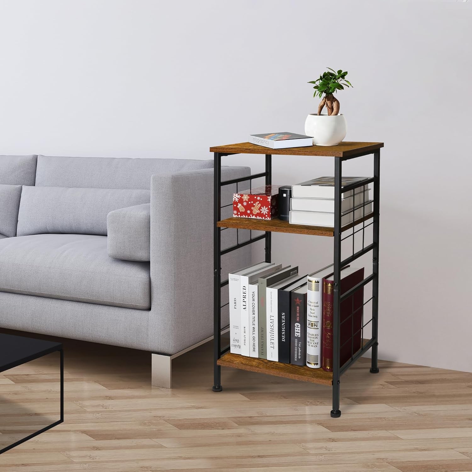 3-Tier Tall End Table, Narrow Night Stand with #-Design Sturdy Frame, Small Bed Side Table for Small Space in Living Room,Bedroom,Office,Bathroom(Brown)