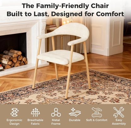 Dining Chairs Set of 2, Linen Fabric Upholstered Kitchen Side Chairs with Curved Backrest & Metal Legs, Modern Farmhouse Accent Chairs for Dining Room Kitchen Living Room Cafe, Beige