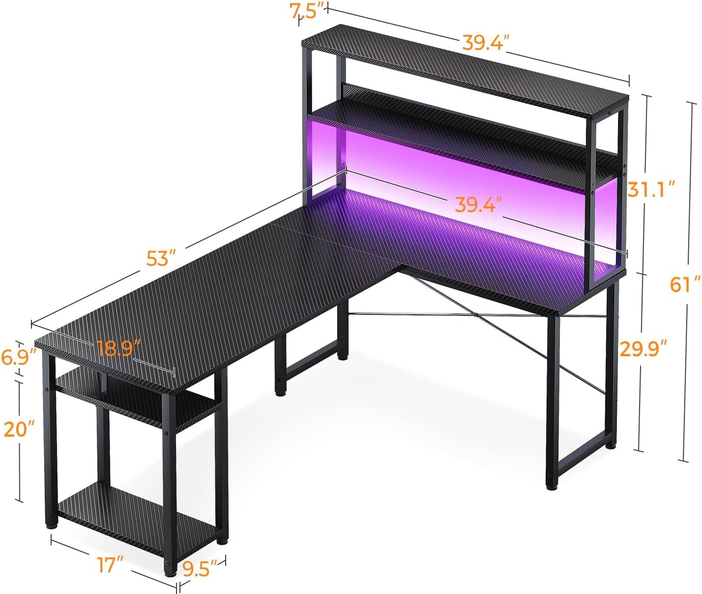 53" L Shaped Gaming Desk with Hutch & Headphone Hook, Corner Computer Table with Storage Shelves for Home Office, Black