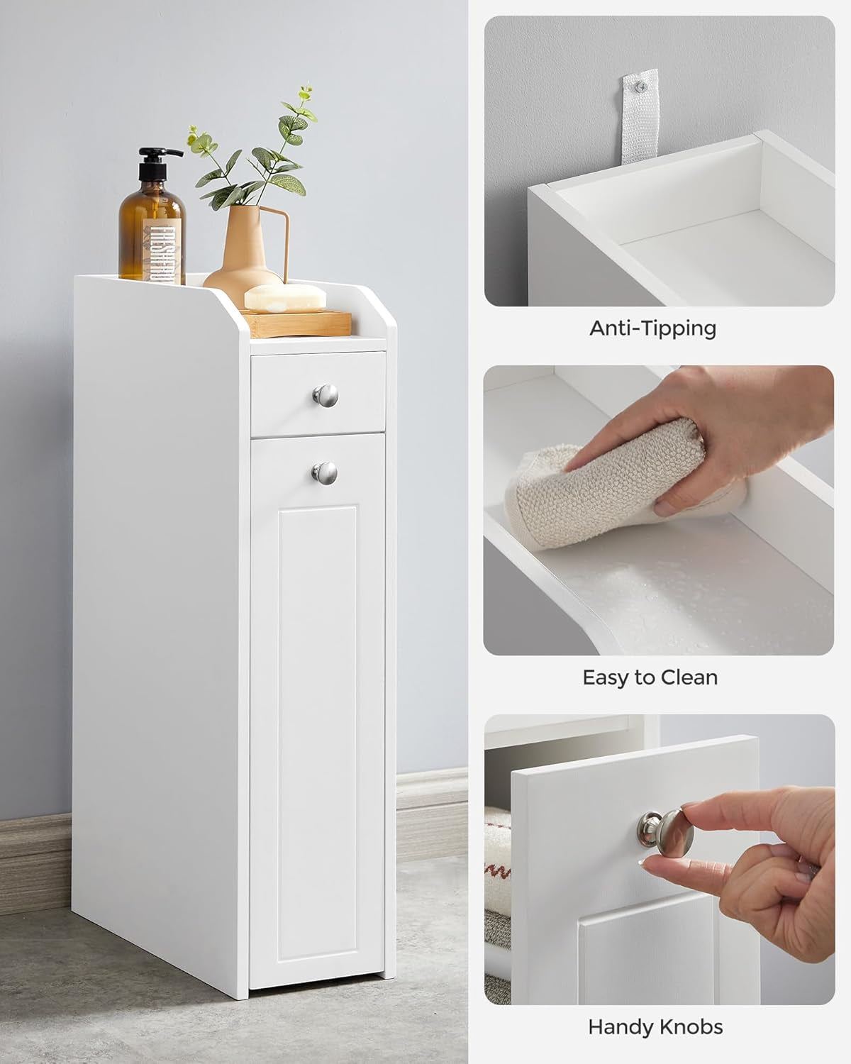 Small Bathroom Storage Cabinet, Slim Organizer with Slide Out Drawers, Toilet Paper Holder, for Small Spaces, White UBBC847P31