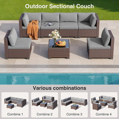 7 Pieces Outdoor Patio Furniture Set, PE Rattan Outdoor Wicker Sectional Furniture Sofa Set, with Cushions and Glass Coffee Table, for Balcony, Porch, Garden, Grey