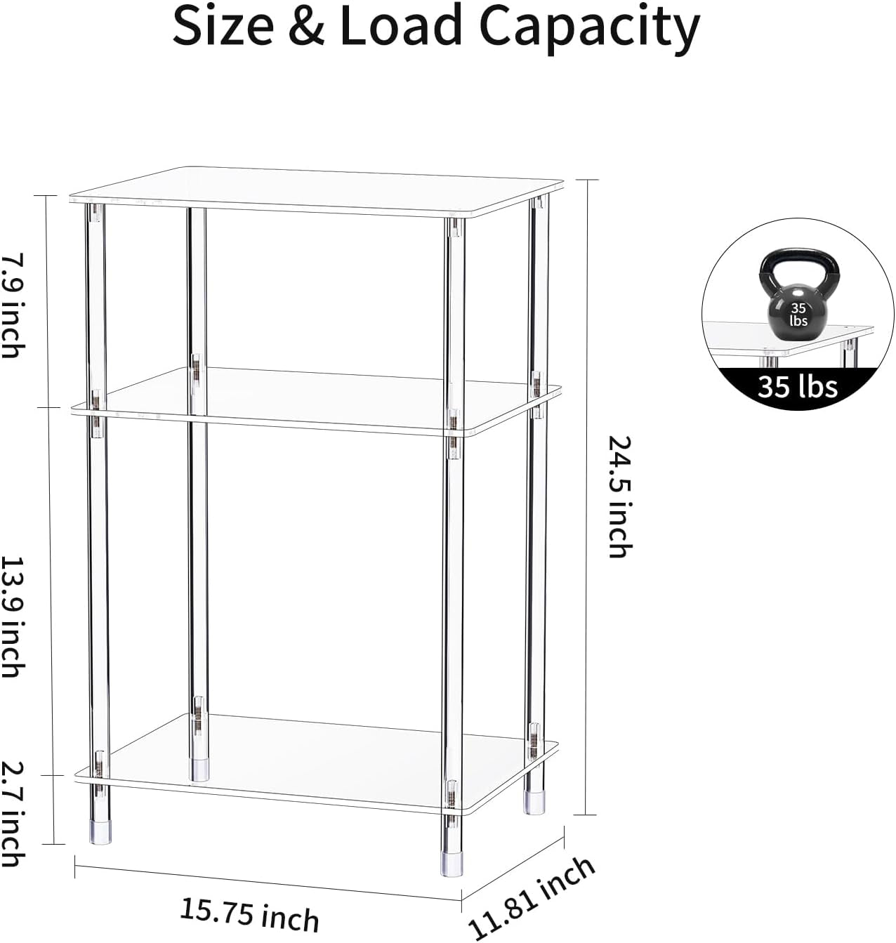 Clear Acrylic Record Player Stand with Vinyl Storage, 15.75" L X 11.81" W X 24.5" H, 3 Tier Small Side Turntable Table with Album Shelf, Modern Bedside End Table for Living Room, Bedroom