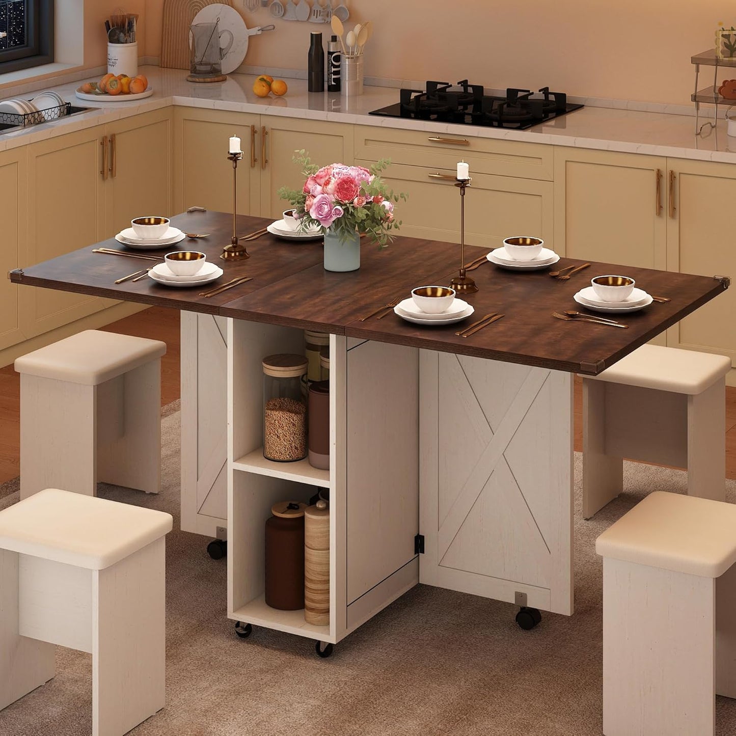 5 PCS Farmhouse Dining Table Set for 4,60" Large Folding Dining Table Set W/ 4 Leather Chairs, Drop Leaf Foldable Kitchen Table for Small Spaces,Barn Door Design,6 Wheels,2-Layer Storage Shelf,Brown