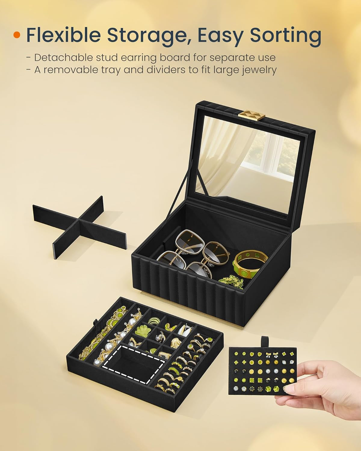 HOME 2-Tier Jewelry Box with Mirror, Jewelry Organizer, Removable Tray, PU Surface with Stitching, Floating Effect, 8.5 X 9.4 X 5.3 Inches, Ink Black, ANAH Collection UJBC182B01