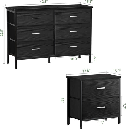 Bedroom Sets Nightstand Set 3 Piece Black with 6 Fabric Drawers Modern