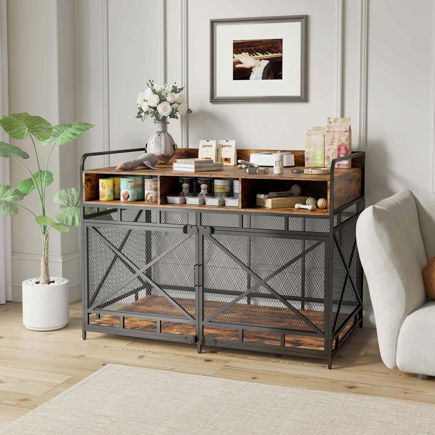 Dog Crate Furniture, 48" Heavy Duty Wooden Dog Crate End Table, XL Dog Kennel Furniture Large Breed, Decorative Dog Kenne Indoor with 3 Drawers & Steel Tubes 48" L X28 W X36 H (Rustic Brown)