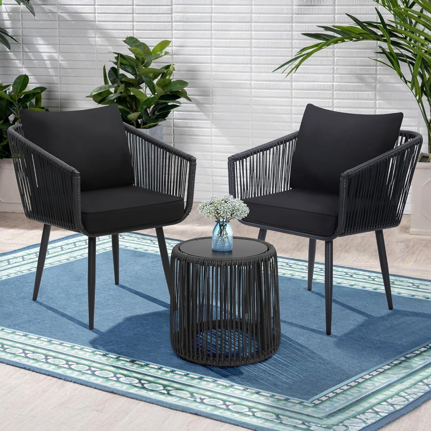 3 Pieces Patio Rattan Bistro Conversation Set, Outdoor All-Weather Wicker Furniture Chairs and Side Table Set Ideal for Balcony, Porch and Backyard, Black