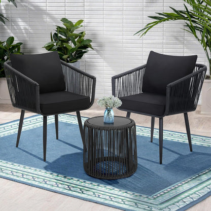 3 Pieces Patio Rattan Bistro Conversation Set, Outdoor All-Weather Wicker Furniture Chairs and Side Table Set Ideal for Balcony, Porch and Backyard, Black