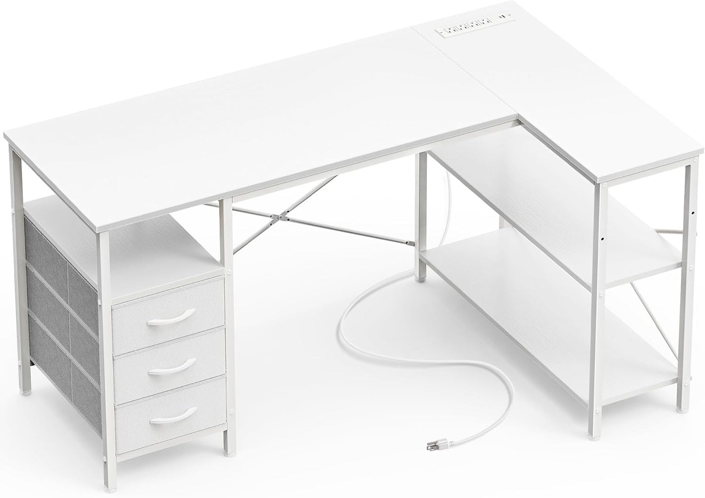 L Shaped Office Desk with Power Outlets, 47 Inch Computer Desk with 3 Drawers, Shelves, for Gaming, Corner Work, Home Office, Study, White