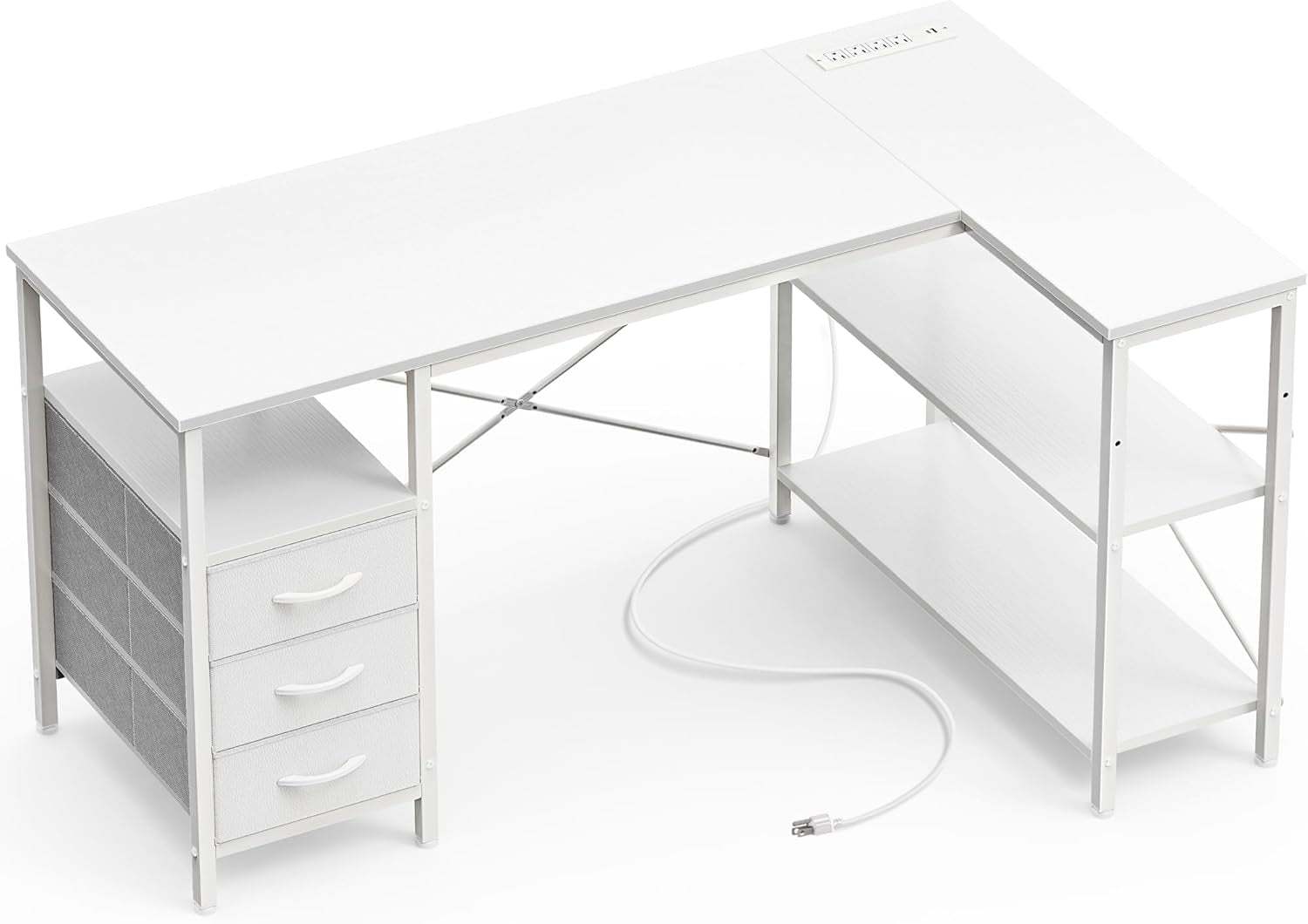 L Shaped Office Desk with Power Outlets, 47 Inch Computer Desk with 3 Drawers, Shelves, for Gaming, Corner Work, Home Office, Study, White