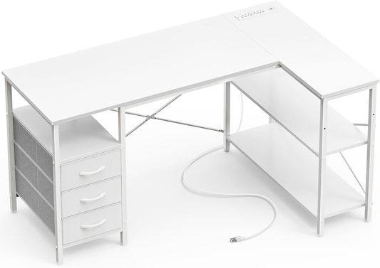 L Shaped Office Desk with Power Outlets, 47 Inch Computer Desk with 3 Drawers, Shelves, for Gaming, Corner Work, Home Office, Study, White