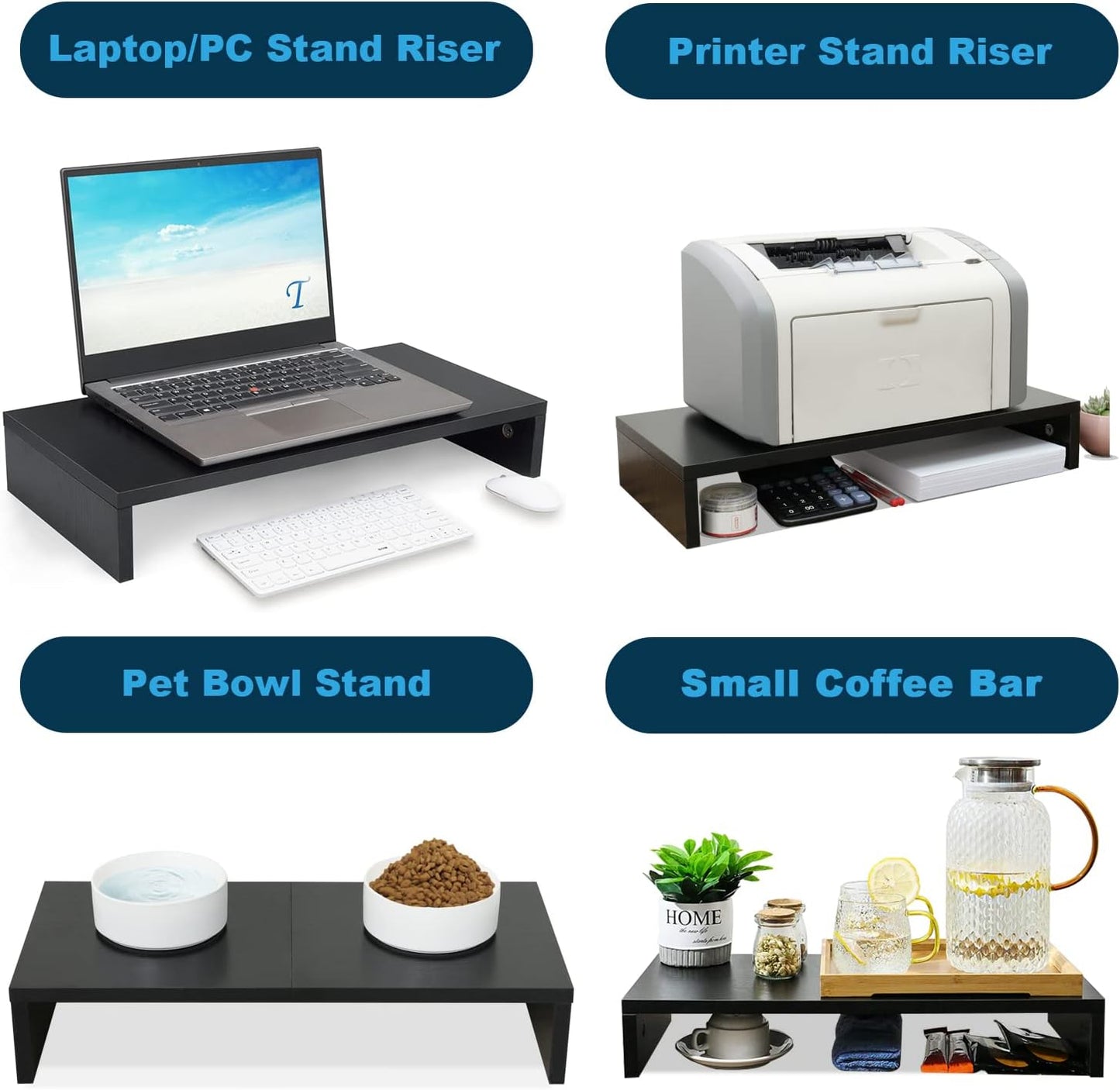 20 Inch Monitor Stand Riser, Black Desktop Stand for Pc/Tv/Laptop/Printer, Wood Monitor Riser with Storage, Computer Stand Keyboard Organizer