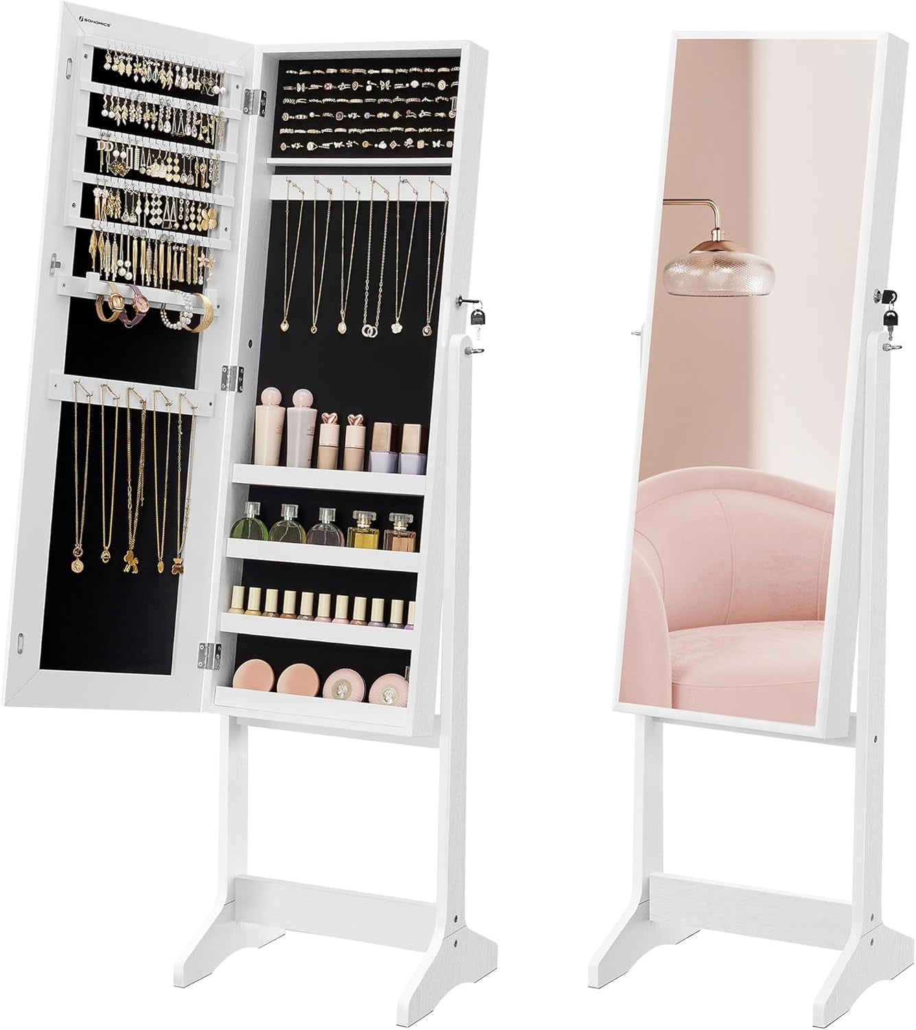 Mirror Jewelry Cabinet Armoire, Standing Full-Length Mirror, Lockable Jewelry Organizer, Gift Idea, Brown Surface and Black Lining UJJC69BR