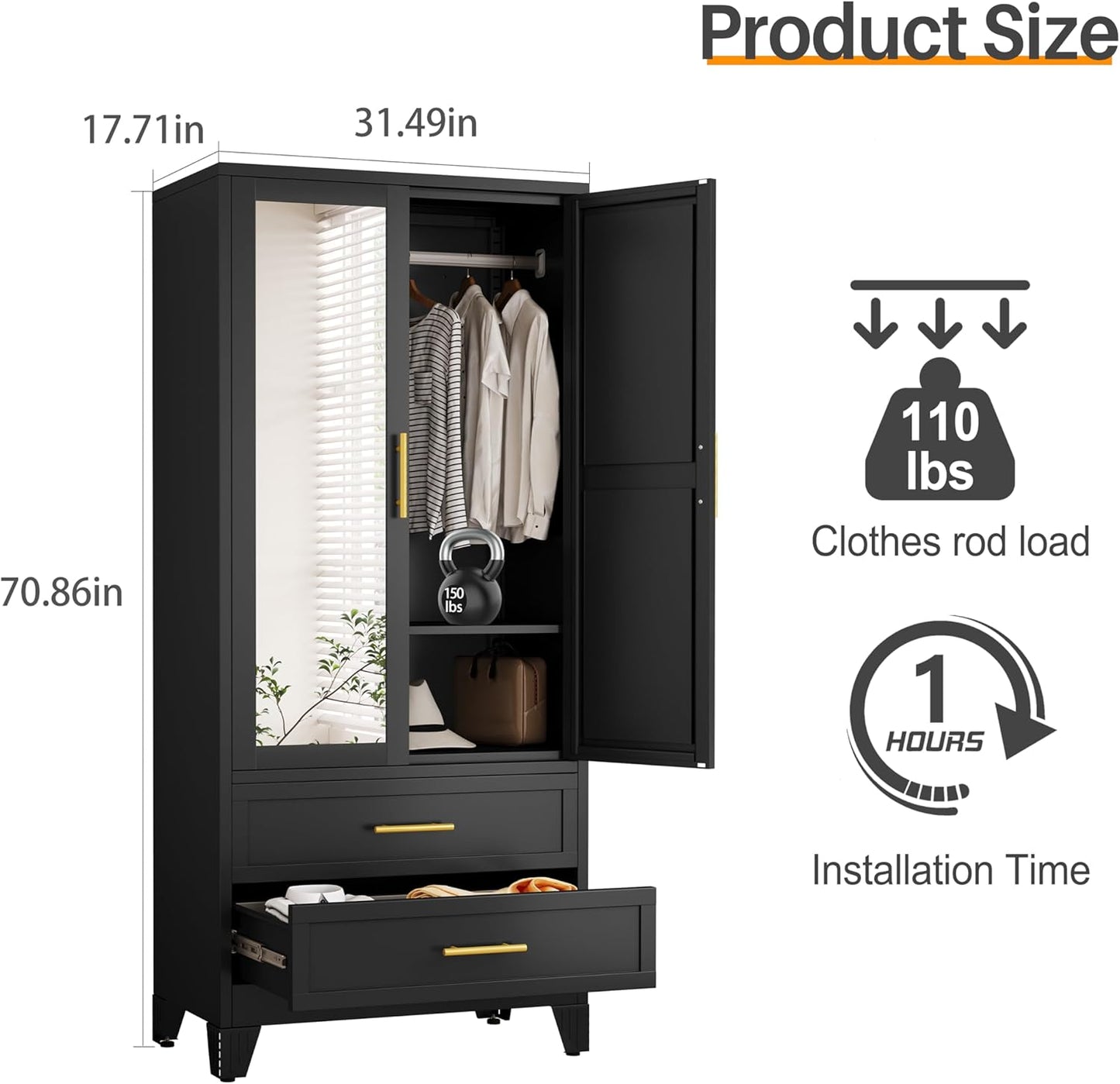 RIETERN Metal Armoire Wardrobe Closet, 71" Tall Bedroom Closet with Mirror, 2 Drawers, Adjustable Shelves, and Hanging Rod, Steel Clothes Closets and Storage, for Bedroom Black